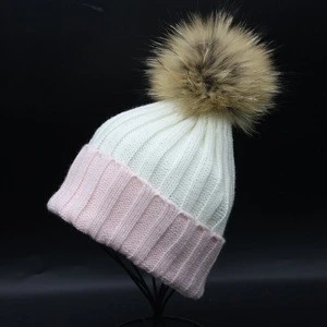 UK famous lady rib knit two tone beanie hat with detachable genuine fur pom