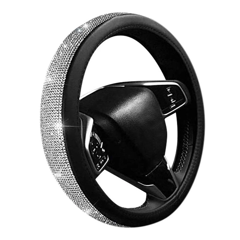 Universal Car Accessories Bling Women PU Leather with Crystal Rhinestones for 37 to 38 CM Steering Wheel Cover