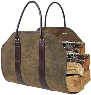 Waxed Canvas Firewood Log Carrier Bag Durable Fireplace Stove Accessories Storage Bag with Leather Handles for Outdoor Camping