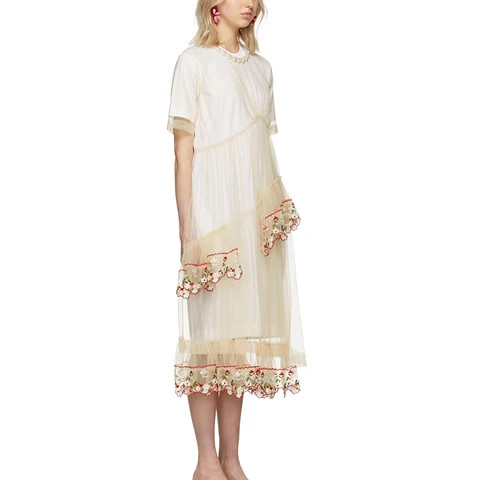 White Color Fairy Women Boutique Clothing Style Customized Styles Heavy Designing Beading Flowers Embroidery Mesh Dress