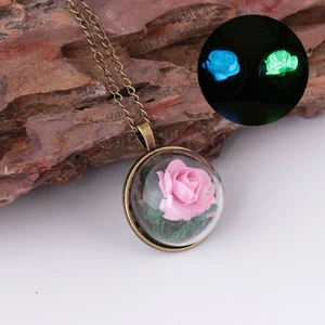 Wholesale glass bottle glow in the  dark real rose flower pendant necklace for gifts