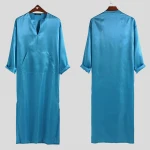 Wholesale mens long sleeve pajamas sleepwear solid color v neck plus size 100%satin silk one piece pajamas bathrobes