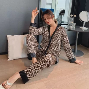 Women's Pajamas Set V Neck Design Luxury Cross Letter Print Sleepwear Silk Like Home Clothes