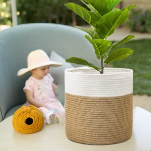 Cotton Rope Basket for Flower Pot and Indoor Floor Planters, Decorative Round Woven Plant Pot Basket