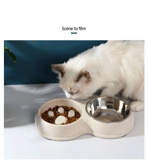 New wheat straw split type candy color stainless steel slow food double bowl pet food set