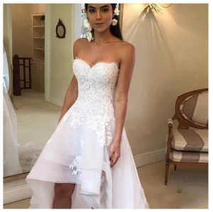 High Low Wedding Dress Sweetheart Appliqued Lace Tulle Backless Boho Wedding Bride Gown Strapless Bride Dress