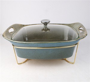 16.5&#39;&#39; ceramic gild rectangular casserole with glass lid 3.75qt stoneware casserole with gilding rack
