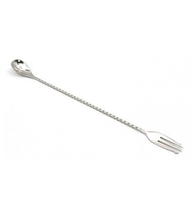 2 in 1 Stainless Steel Bar Spoon and Fork,Spiral Bartender Whiskey Cocktail Mixing