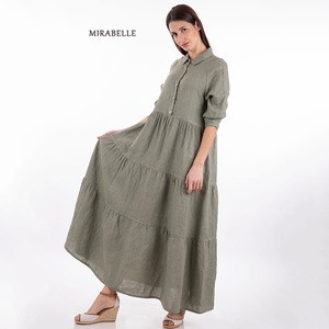 2020 Design Lady Long Sleeve Straight Loose Women Linen Print Maxi Boho Beach Casual Dress