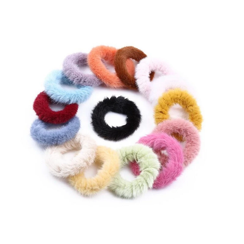 2020 new design girls fashion hair scrunchies stretchy plush faux fur elastic hair band