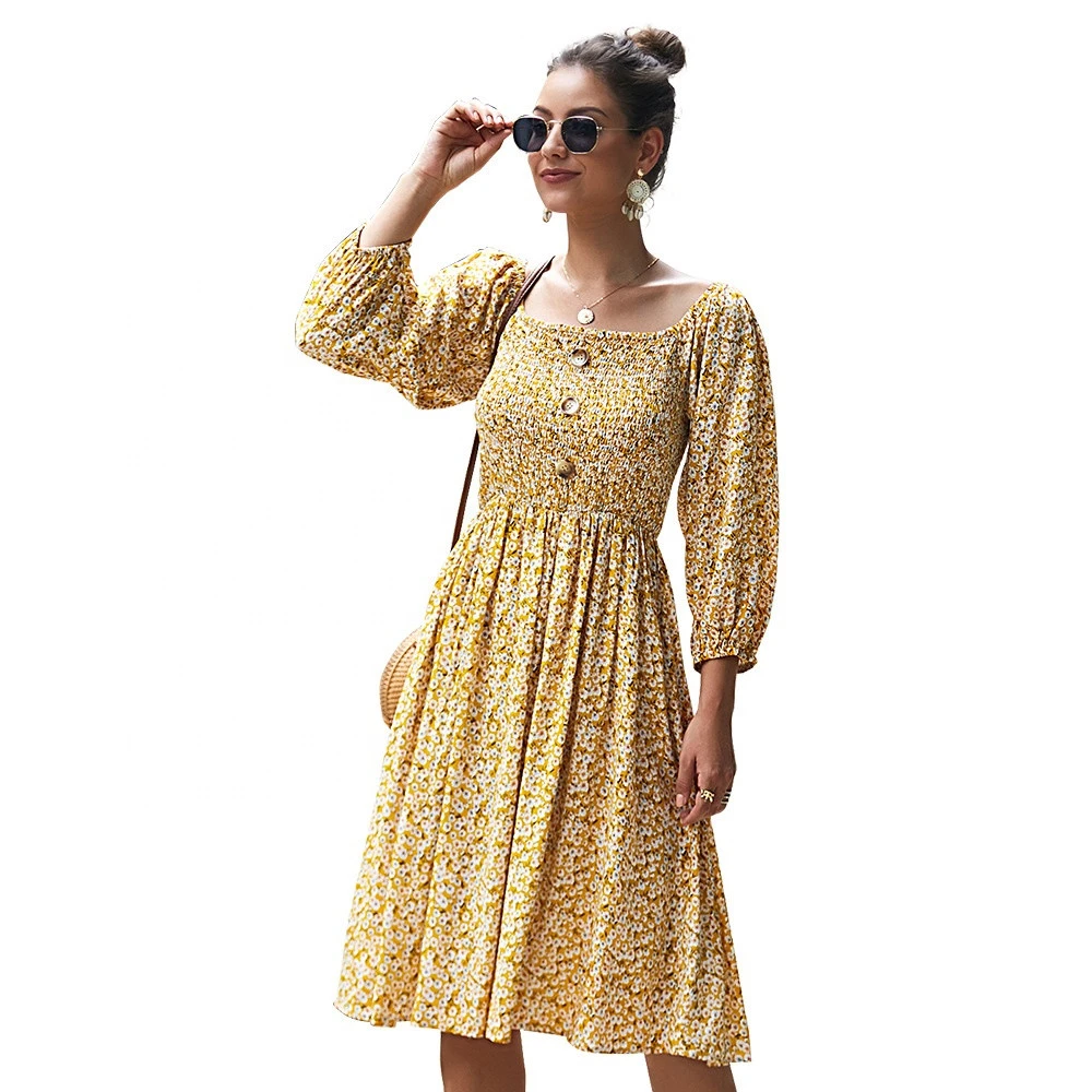 2021 Square Neck Long Sleeve Printed Chiffon Women Casual Dresses For Sale