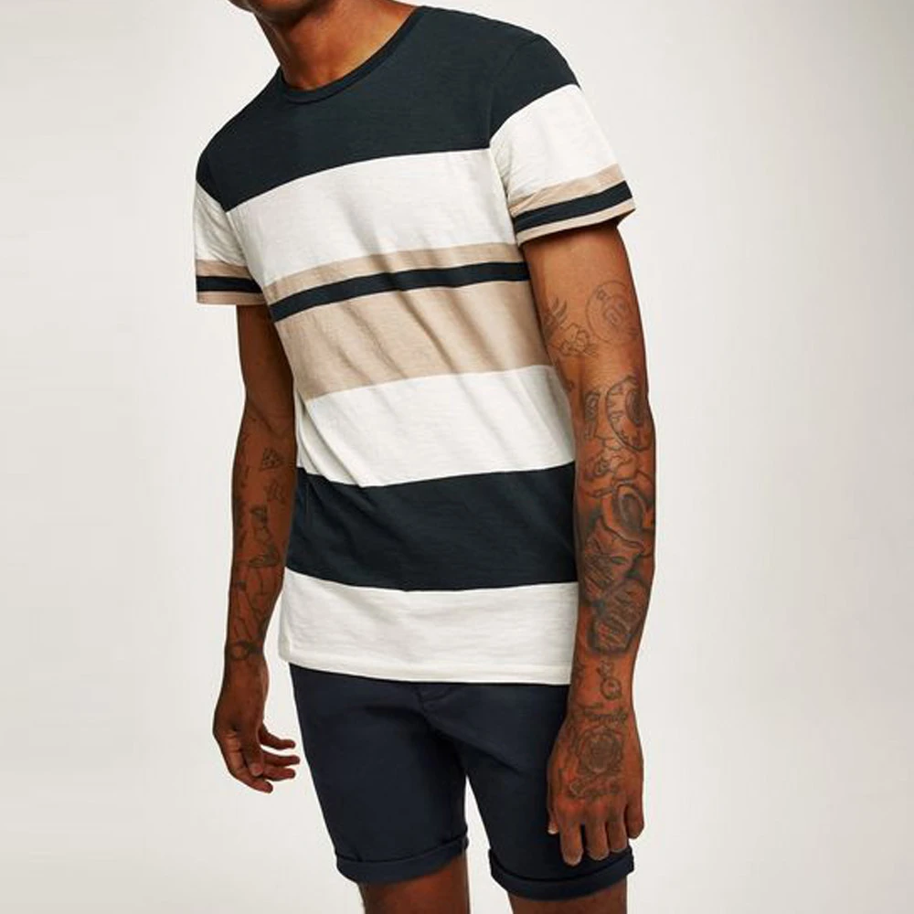 2021 wholesale mens round neck short sleeve stitching color loose T-shirt