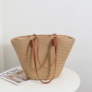 2024 Fashion Large Capacity Straw Tote Bag For Women Handmade Rattan Woven Ladies Beach Straw Bag