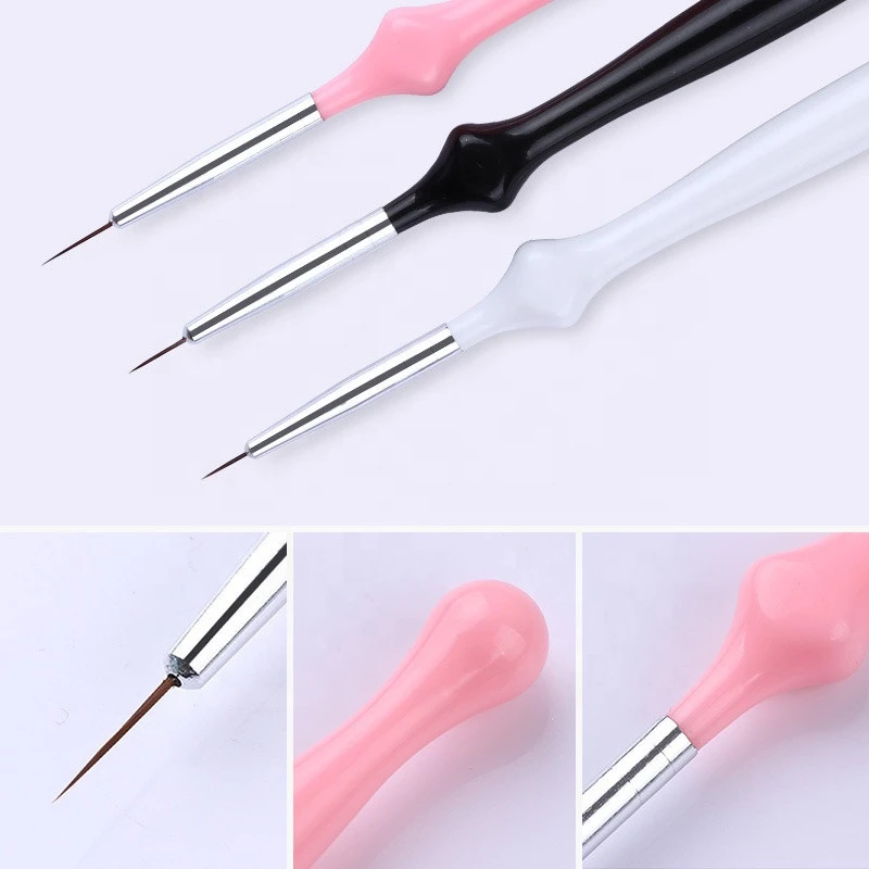 3 Pcs/Set Black Print Follwer Nail Pull Pen Design Nail Art Tools 3D Drawing Pen Nail Brush Set Striping Pen 7mm 9mm 11mm Brush