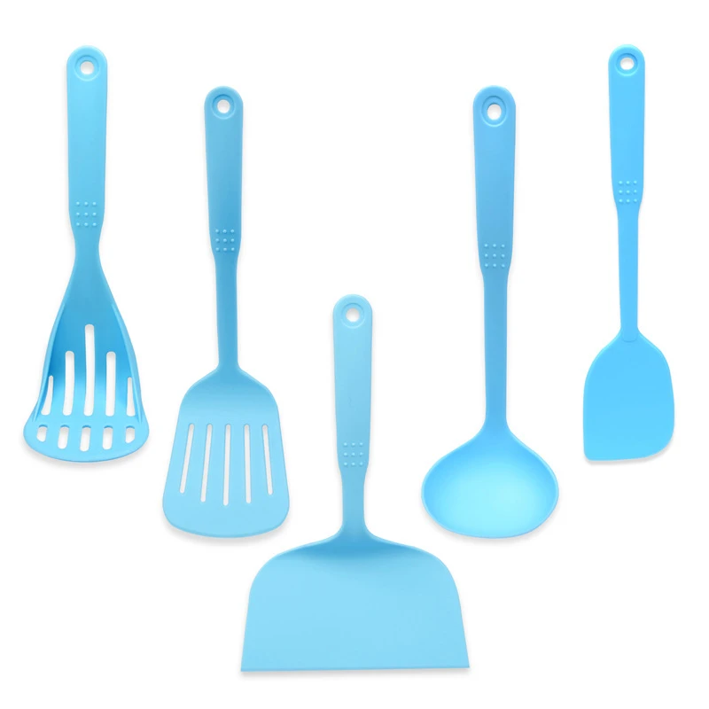 5pcs/set Blue Nonstick Kitchen Cooking Utensil Set FDA Nylon Cookware Scrapper Shovel Potato Press Spoon Set
