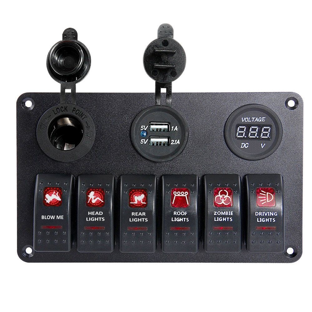 6 Gang Rocker Switch Panel with Dual USB Socket, Power Socket and Voltmeter for Car Boat Marine Bus and etc.