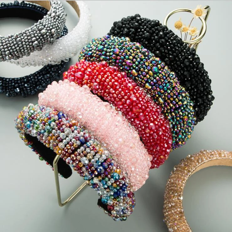 80 designe Colorful Baroque Full ZA Pearl Crystal Headband For 2021 Women Luxury Shiny Padded Diamond Hairband Hair Accessories