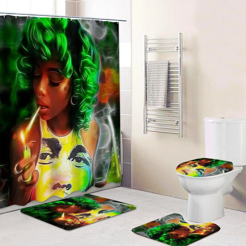 Afro African American women bathroom fashion toilet lid cover 4 pieces bath mat with shower curtain