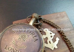 Antique Vintage Brass Chain Pocket Watch Quartz Necklace With Wooden Box