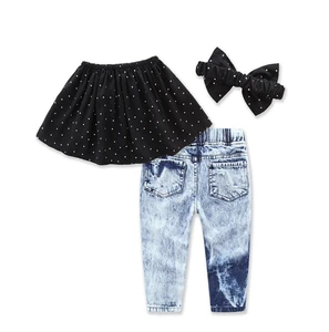 Baby Girls Summer Dot Sleeveless Off Shoulder Tops+Ripped Pocket Jeans+Headband 3PCS Sets Clothing