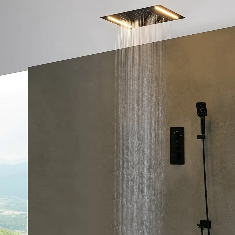 Bathroom Accessories Set Led Ceiling Rain Shower Black 2 Way Faucet Thermostat Bath Tap Shower Mixer/Valve