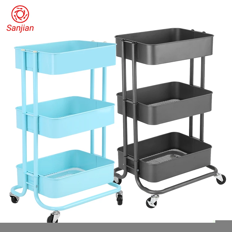 Cheap price home furniture 3 tiers colorful mobile hand trolley cart storage steel metal rack rolling cart