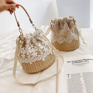 China ladies lace flowers sweet design reusable drawstring straw bag handbags for women