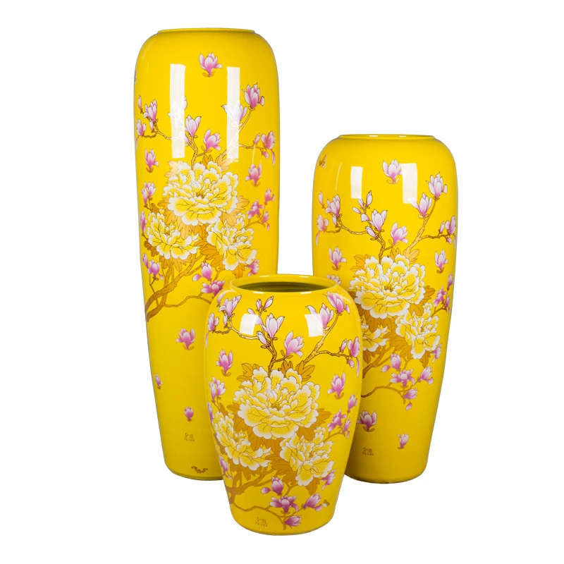 classic yellow color peony pattern ceramic porcelain flower large tall vase for home decor