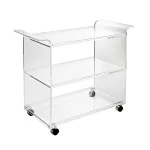 clear transparent acrylic lucite perspex serving cart trolley with bent out side handles, three shelves