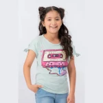 Custom Graphic Sea Green T-Shirt for Girls 100% Knitted Pure Combed Cotton Regular Length Cap Sleeves Age Group Kids
