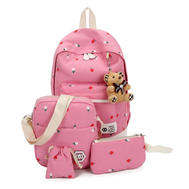 Customized Korean Style Travelling 4pcs Sets Teen Children Kids Pen Bag and Shoulder Backpack School Bags Girl