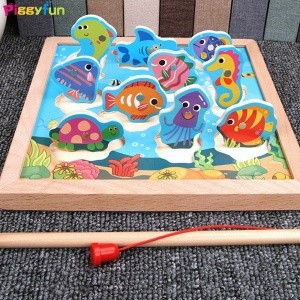 Double sided fishing toy,wooden magnetic fishing game for kids