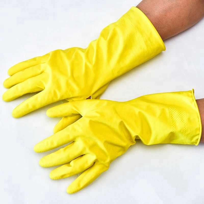Durable Large Industrial Hands Protection Spray Flock Lined Yellow Long Latex Gloves