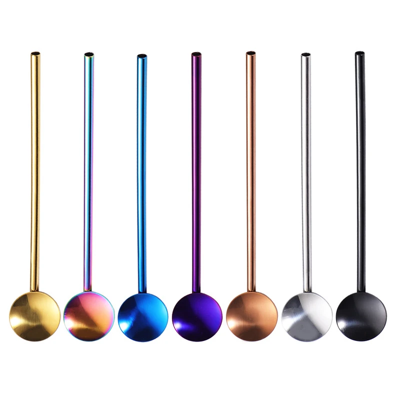 Eco Reusable Customized Rainbow Stainless Steel Spoon Drinking Metal Straw Set