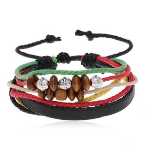 Fashion colorful Wooden beads bracelet Alloy beads hand rope multilayer charm leather bracelet