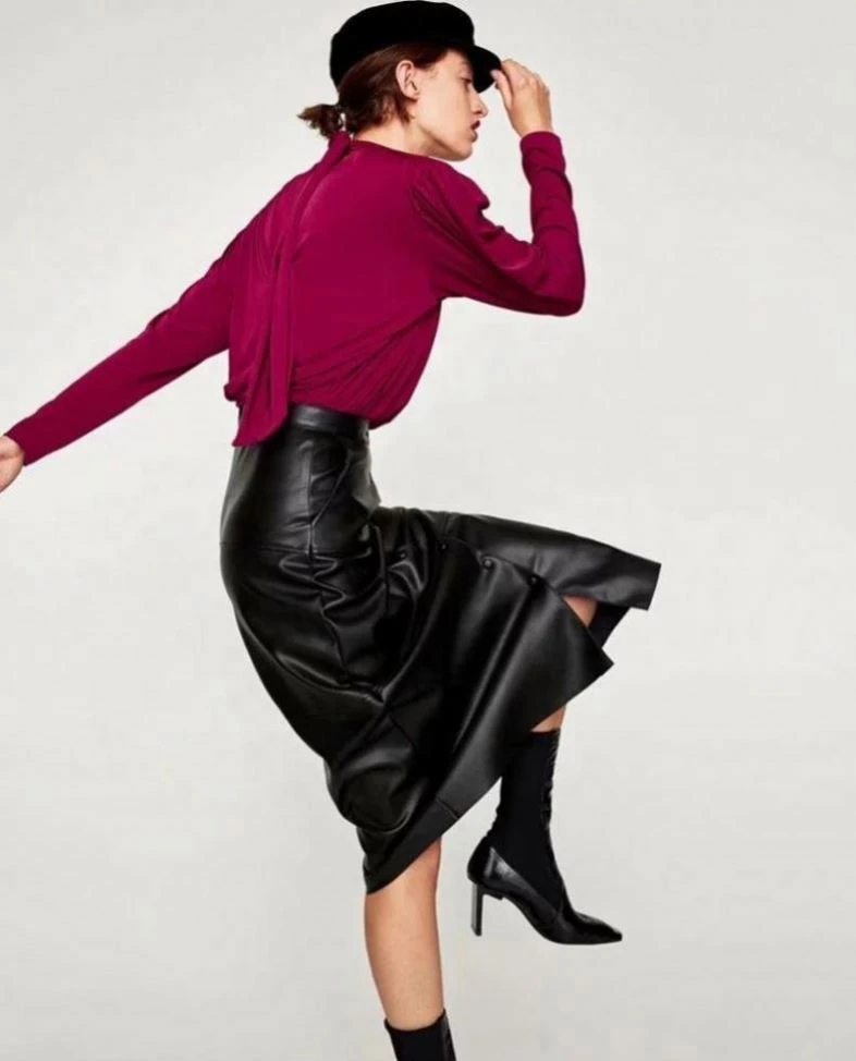 Fashion Ladies High Waist A-Line Button Up Long black A line PU black Leather Midi women Skirt