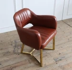 Gold metal structure genuine leather with armrest restaurant chair D-305