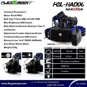 Good quality 2x18650 rechargeable 10w xml T6 led headlamp