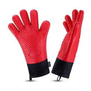 Heat Resistant Cooking Gloves Silicone Grilling Gloves Oven Gloves Long Waterproof BBQ Kitchen Oven Mitts with Inner Cotton Lay