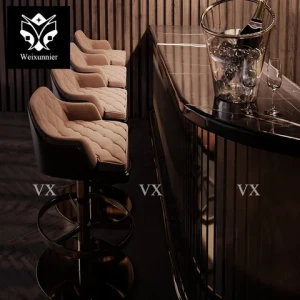 High end luxury bar chair upholstered leather bar stool for hotel modern adjustable bar chair with brushed gold metal base