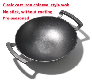 High Quality Chinese Pre-seasoned Cast Iron Wok Pan With Double Iron Handle