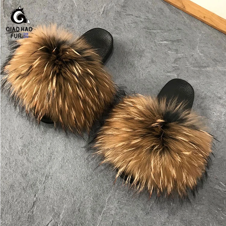 High Quality Multi color customization Supplier Wholesale Raccoon hair fox hair Real Fur Fur Slides Slippers Home Fur Slippers