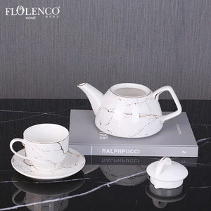 Home Decoration Accessories High End Elegant Royal Marble Ceramic Tea Pot Coffee Cup For Table