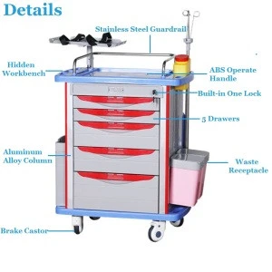 Hospital Furniture Hospital Emergency Trolley Cart ABS Medical Emergency Instrument Trolley
