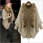 Hot Sale Women Winter Fur Shawl Jacket Bat Sleeves Knitted Coat