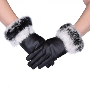 Hot Sale Women&#x27;s leather Gloves Autumn Winter Warm Faux rabbit fur gloves Mittens