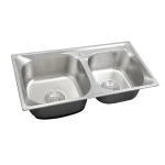 Household silver rectangular brushed 201 stainless steel bottom-mounted double bowl kitchen sink