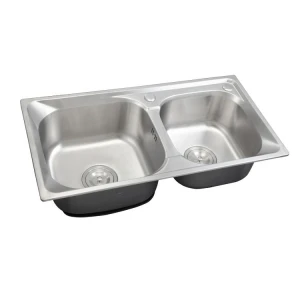 Household silver rectangular brushed 201 stainless steel bottom-mounted double bowl kitchen sink