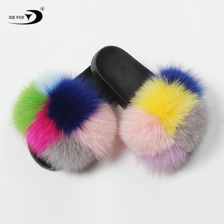 Indoor PVC Hard-Wearing Flat Anti-Odor Ladies Real Fox Fur Slides Slippers Women Fur Slippers