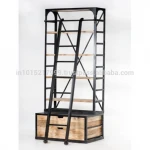 Industrial Commercial Iron Wood Bookshelf With Ladder And Two Wooden Drawers
